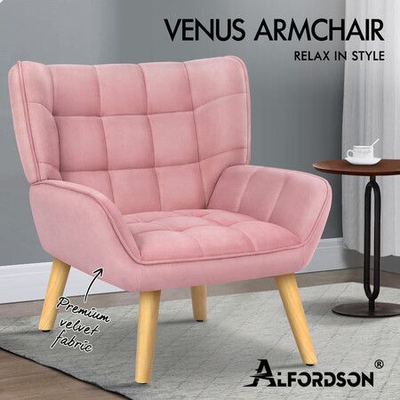 ALFORDSON Wooden Armchair Accent Chair Lounge Sofa Couch Velvet Tub Seat Pink