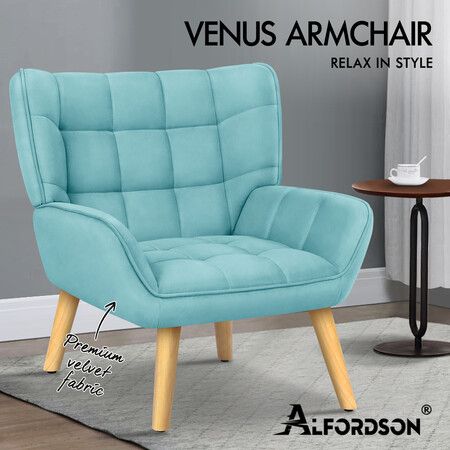 ALFORDSON Wooden Armchair Accent Chair Lounge Sofa Couch Velvet Tub Seat Blue