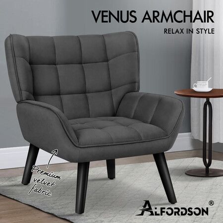 ALFORDSON Wooden Armchair Accent Tub Chair Lounge Sofa Couch Velvet Seat Grey