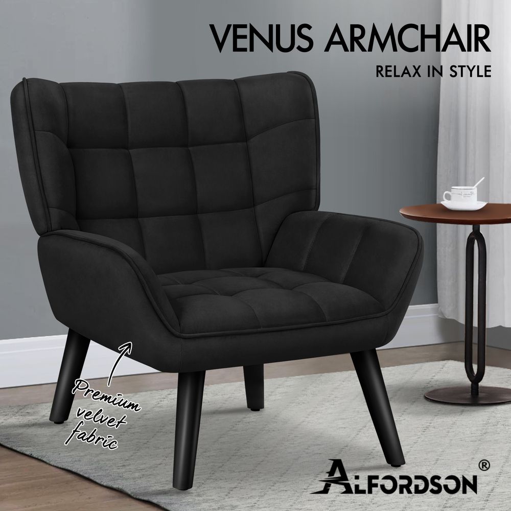 ALFORDSON Wooden Armchair Accent Tub Chair Lounge Sofa Couch Velvet Seat Black