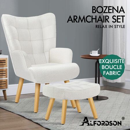 ALFORDSON Wooden Armchair Accent Chair Lounge Sofa Ottoman Couch Boucle White