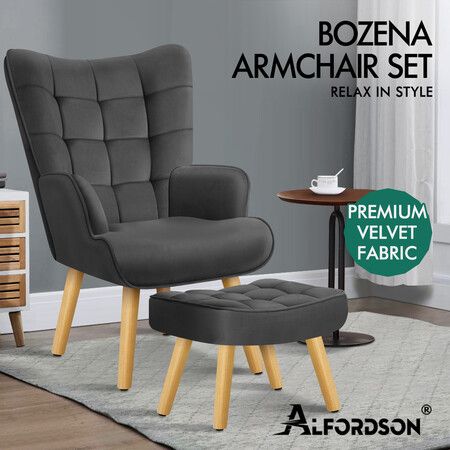 ALFORDSON Wooden Armchair Velvet Accent Lounge Chair Ottoman Sofa Footstool