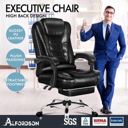 ALFORDSON Office Chair Gaming Executive Computer Racer PU Leather Seat Footrest Black