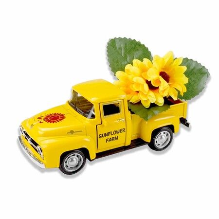 Holiday Decorative Yellow Metallic Mini Truck with Flowers Tiered Tray