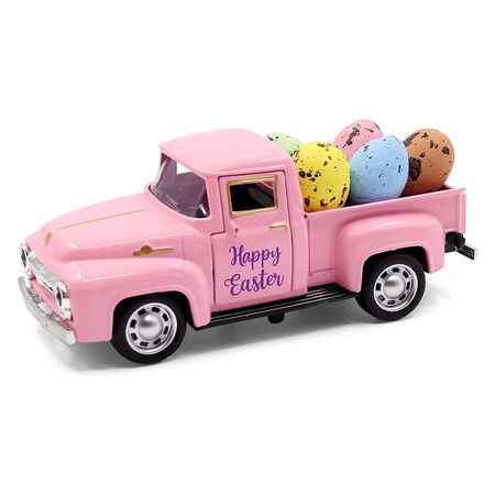 Easter Truck with Eggs Metal Pink Vintage Farm Pickup Farmhouse Tabletop Tiered Tray Decor