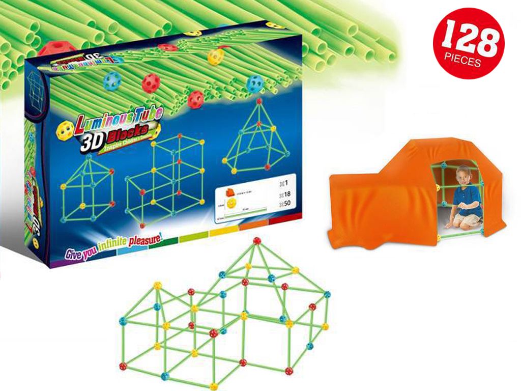 128 Pcs Glow in The Dark Fort Building Kit,Creative Indoor & Outdoor Play Tent and Tunnel Toys for 5-10 Year Old Boys & Girls,STEM Building Toy Gifts