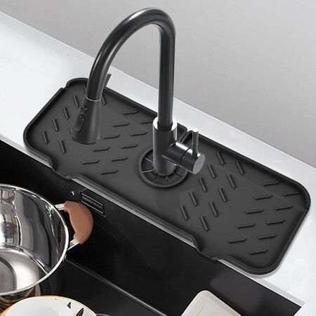 Silicone Kitchen Faucet Mat, Sink Splash Guard, Bathroom Faucet Water Collector Mat, Sink Drain Pad Behind Faucet, Kitchen Accessories (Black (14.6 x 5.5 Inch))
