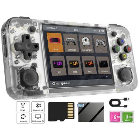 Retro Handheld Game Console,3.5 Inch IPS Screen Built-in 64G TF Card 5528 Games Support HDMI TV Output 5G WiFi Bluetooth 4.2 (Transparent White)