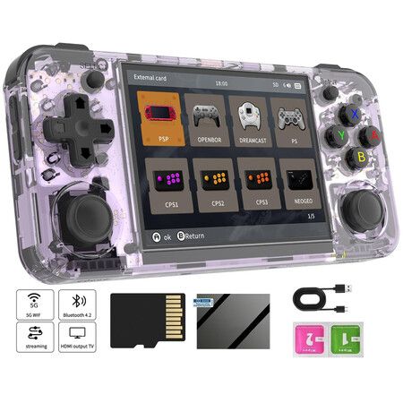 Retro Handheld Game Console,3.5 Inch IPS Screen Built-in 64G TF Card 5528 Games Support HDMI TV Output 5G WiFi Bluetooth 4.2 (Transparent Purple)