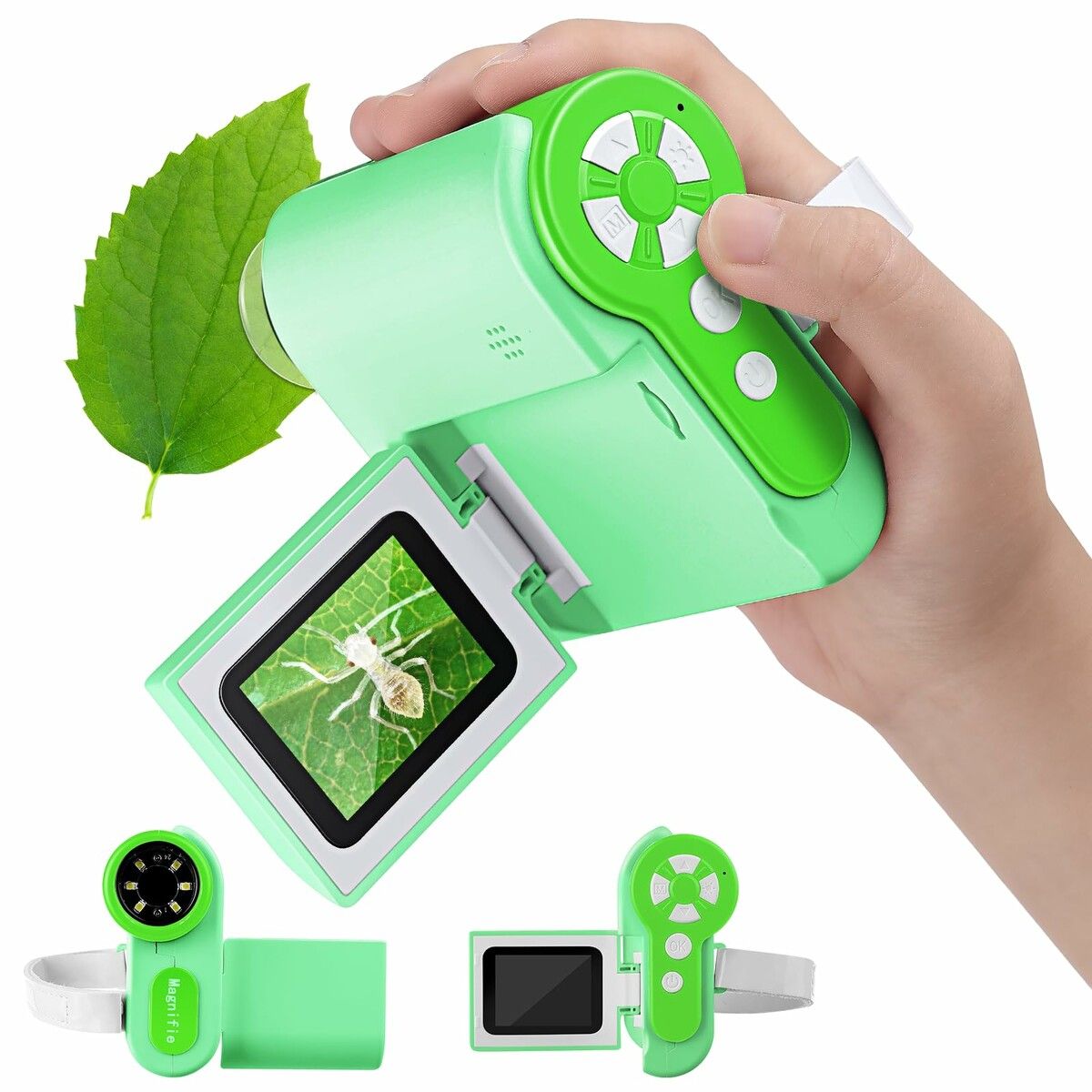 Microscope for Kids,1000X Handheld Microscope with 6 Adjustable LED Lights,2In LCD Screen Mini Microscope Valentines Day Gifts for Age3+,32GB SD Card Including - Green