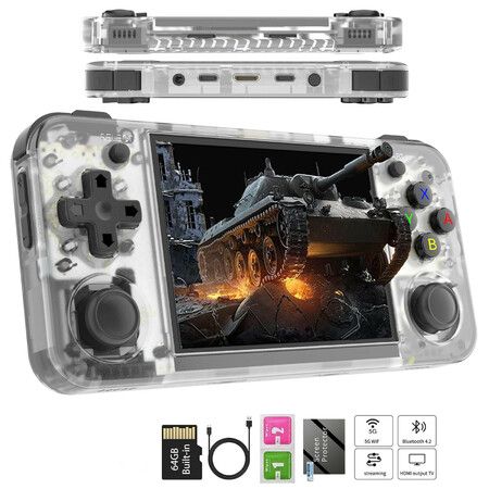 Retro Handheld Game Consoles with Built-in 5500+ Games 64G TF Card 3.5-inch IPS Screen Portable Pocket Retro Video Game Console (Transparent White)