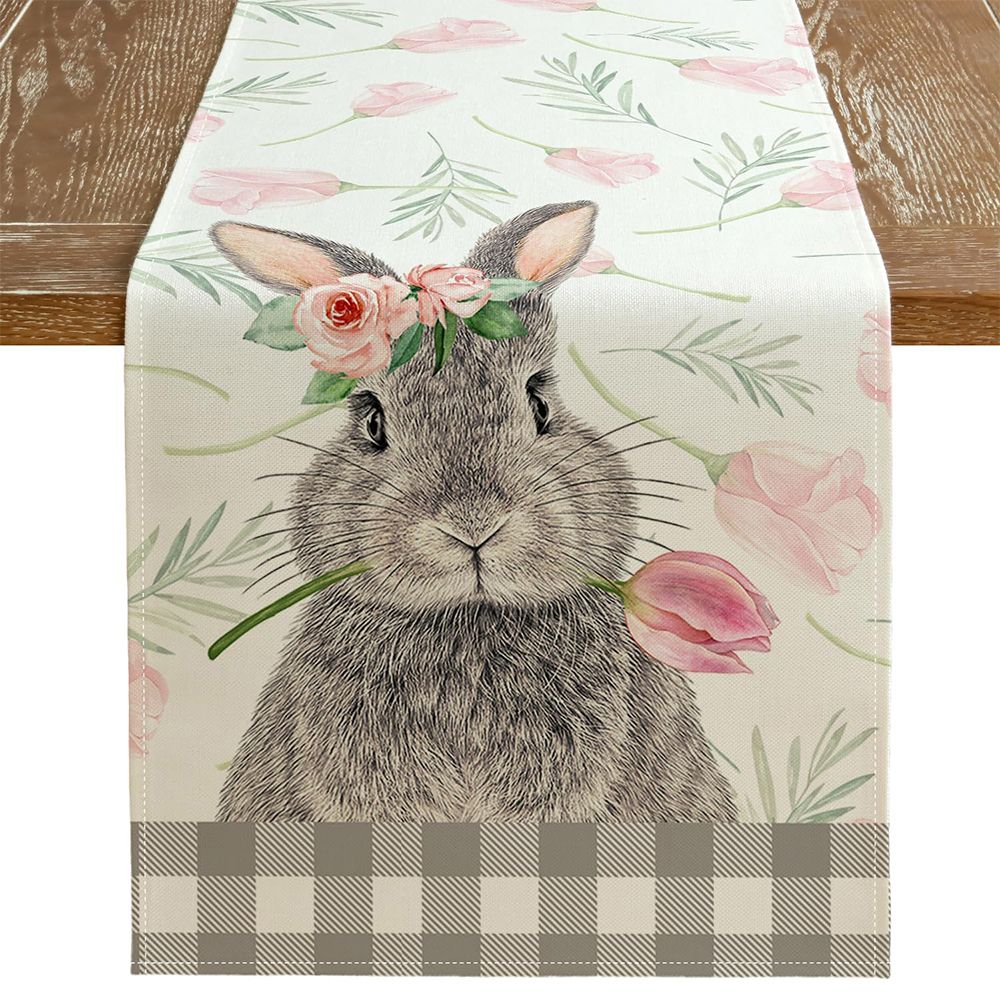 Easter Table Runner 13 x 72 Inch Bunny Rabbit Floral Spring Holiday Farmhouse Burlap Buffalo Plaid Indoor Table Decor for Home