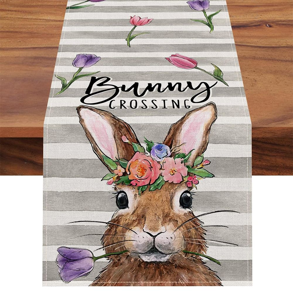 Easter Rabbit Tulip Flowers Dining Table Decor, Seasonal Spring Burlap Stripes, Fun Home Decor Indoor(13 x 72 Inch)