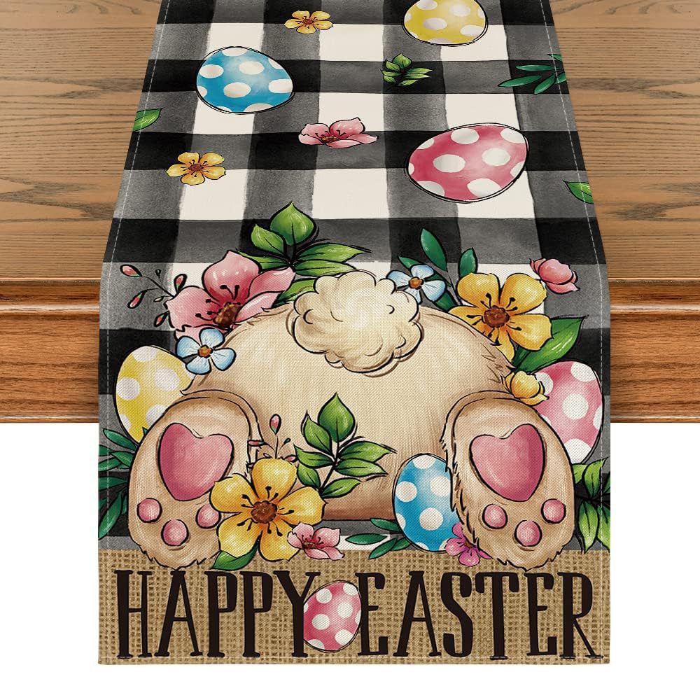 Easter Bunny Table Runner Black Buffalo Eggs Dining Table Decoration Flowers Spring Burlap Home Decor Holiday Party (13 x 72 Inch)