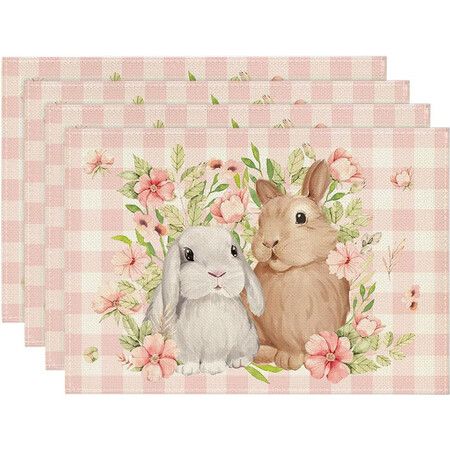 Set of 4 Easter Plaid Bunny Rabbit Flowers Buffalo Plaid Placemats 12x18 Inch for Party Kitchen Dining Room Decoration