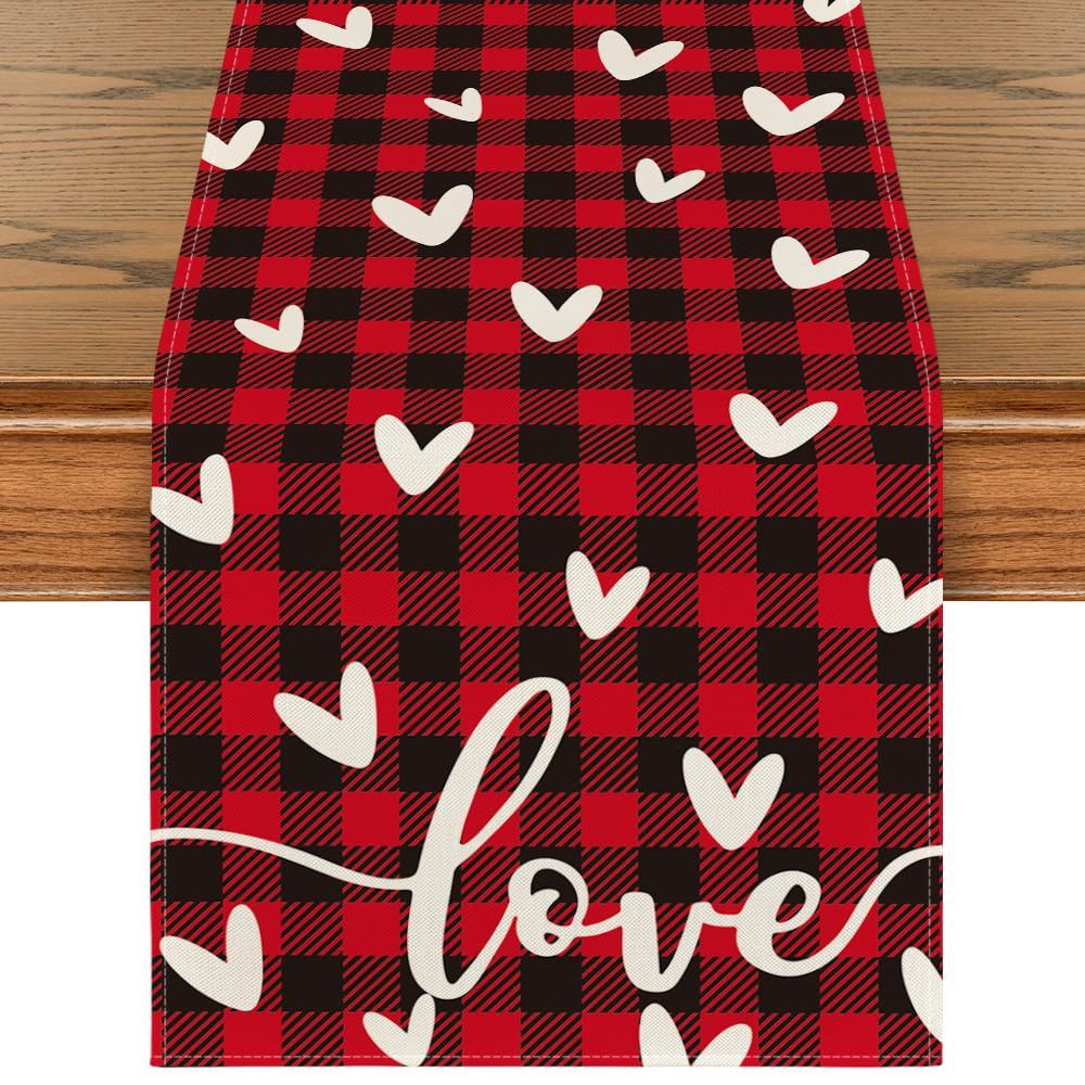 Red Black Buffalo Plaid Love Valentines Day Table Runner,Seasonal Anniversary Kitchen Dining Table Decoration for Home Party Decor 13x72 Inch