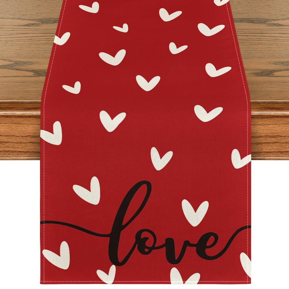 Red Love Valentines Day Table Runner,Seasonal Anniversary Kitchen Dining Table Decoration for Indoor Home Party 13x72 Inch