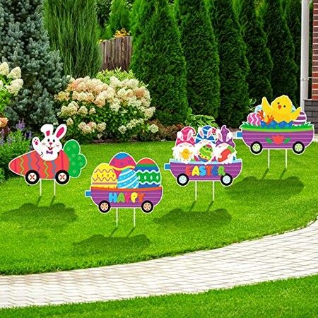 4 Pcs Easter Yard  Easter Yard Decorations Outdoor Train Easter Lawn Signs Bunny Carrot Gnomes Chick  Lawn