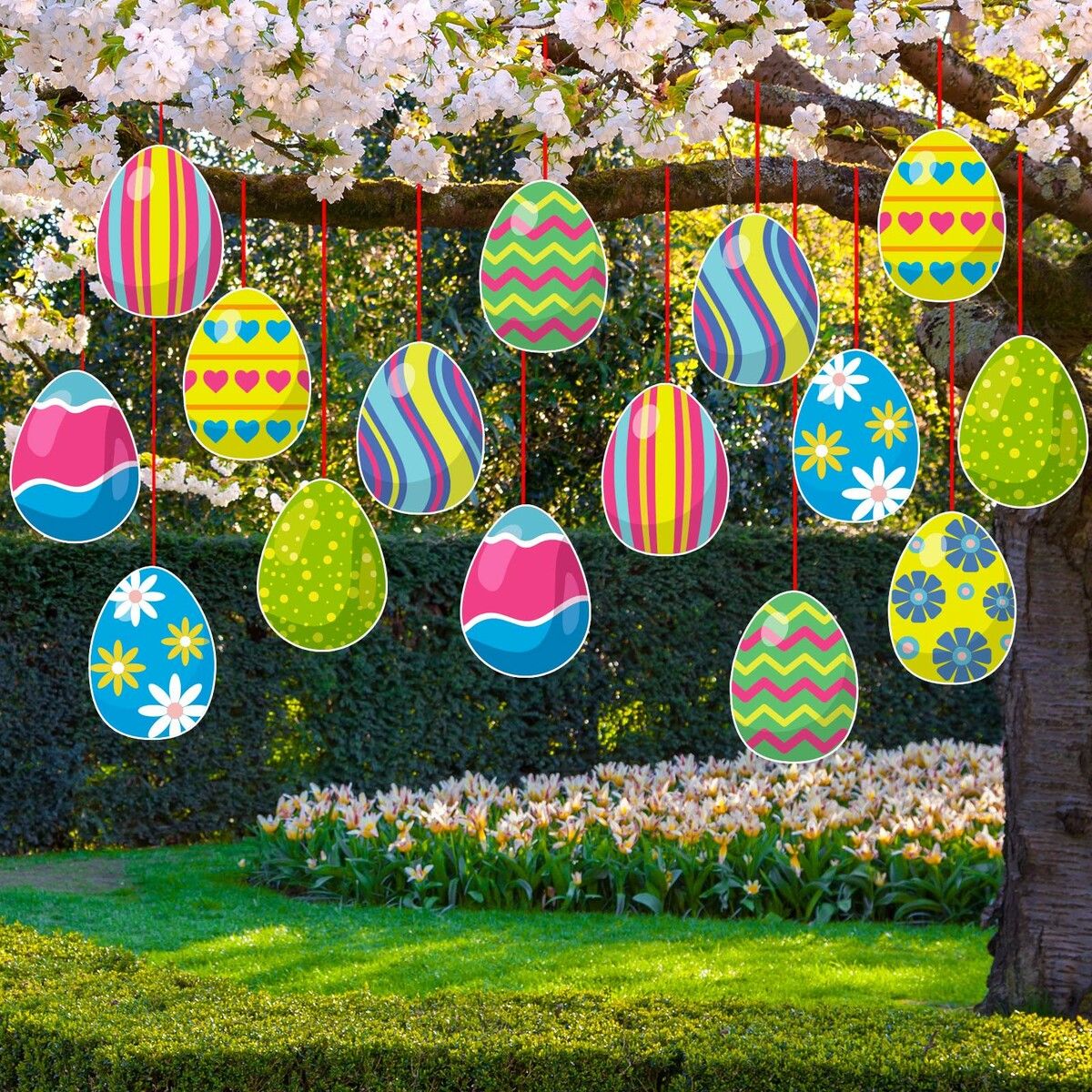 16 Pieces Easter Egg Outdoor Hanging Ornaments Decorations Happy Easter Hanging Porch & Tree Yard Lawn Decor - Double-Side Printed