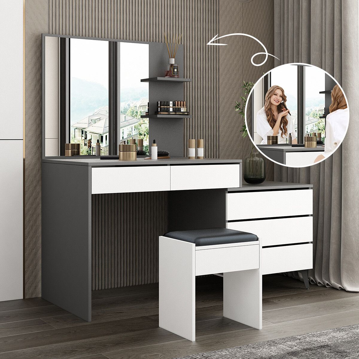 Dressing Table Set Makeup Vanity Mirrored Drawers Storage Grey Dresser Stool Modern Wooden Furniture Adjustable