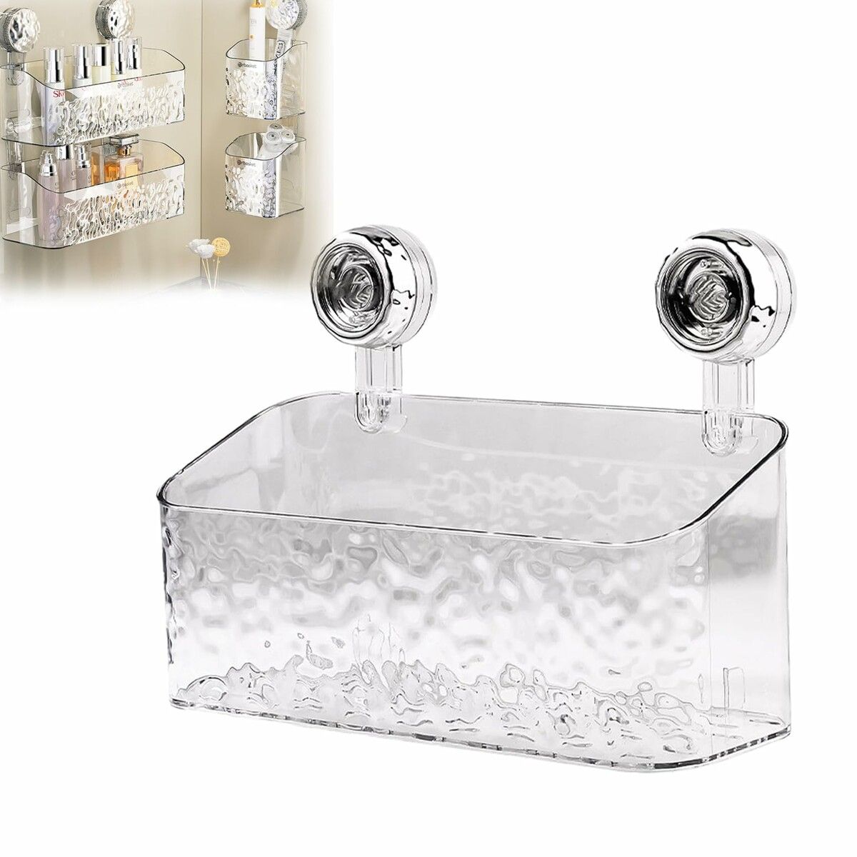 Suction Cup Shelf  Suction Cup Wall Mounted Shower Storage Rack for Bathroom, No Drilling, Large Capacity (Transparent,L)