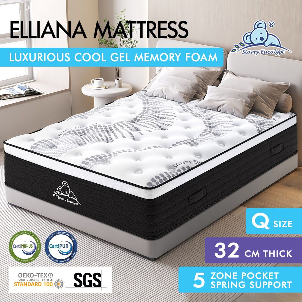 STARRY EUCALYPT Mattress Pocket Spring Queen Size Cool Gel Euro Top 32cm