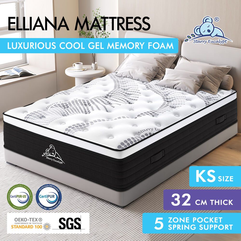 STARRY EUCALYPT Mattress Pocket Spring King Single Cool Gel Euro Top 32cm