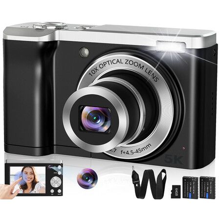 5K Digital Camera,56MP Cameras for Photography Autofocus,10X Optical Vlogging Compact Camera with Front and Rear Camera,6-Axis Anti-Shake,Touch Screen with 64GB SD Card,2 Batteries