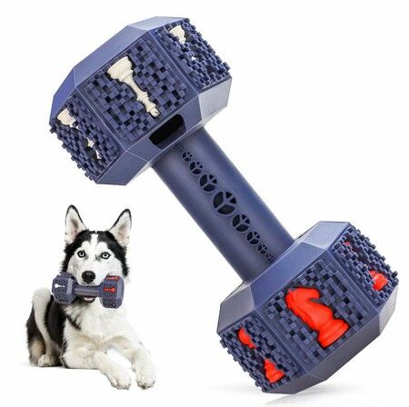 Dog Chew Toys for Chewer Indestructible Interactive Dental Toys for Training and Cleaning Teeth Dumbbell Dispensing Toy for Small Dogs-Size L