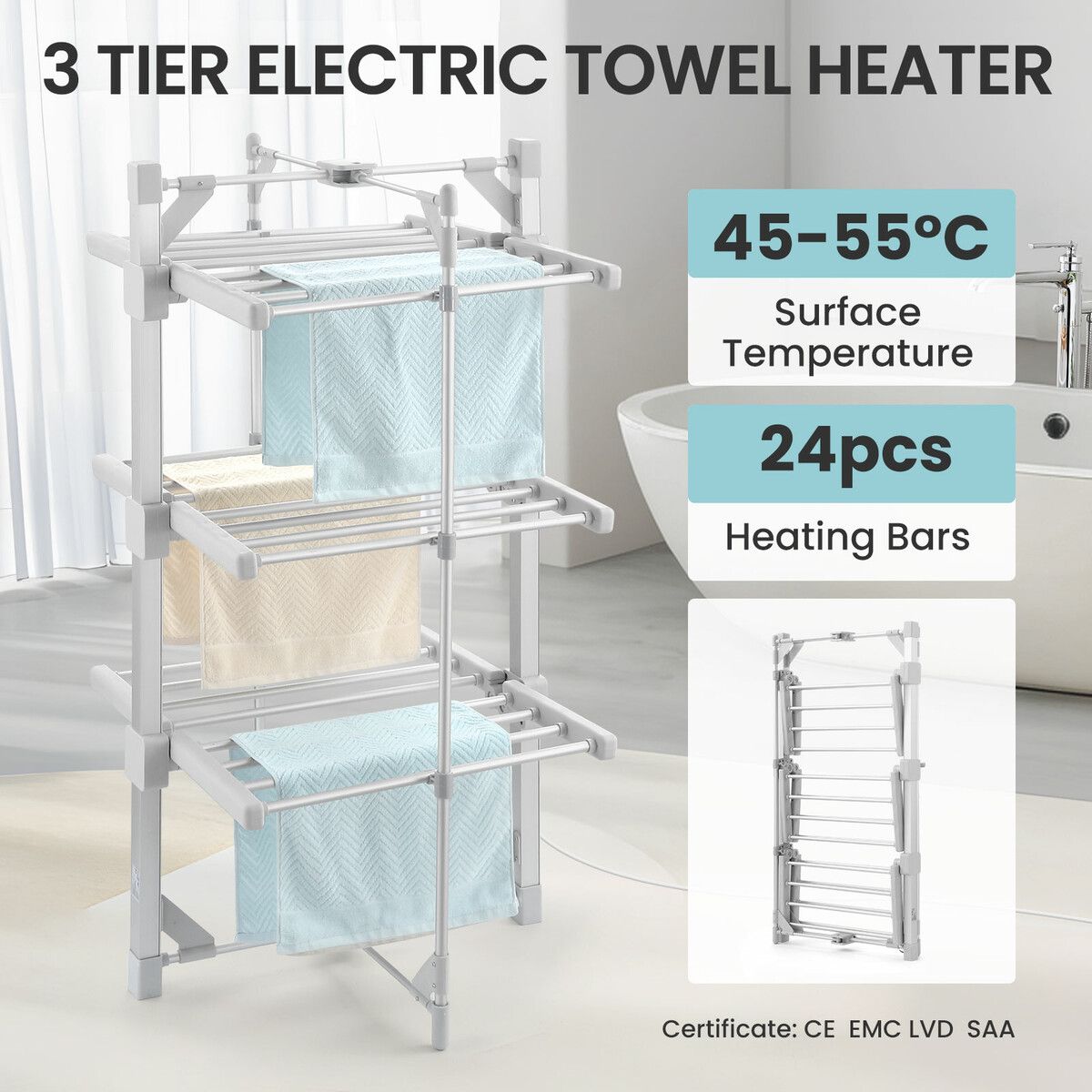 Maxkon Electric Airer 3 Tier Heated Clothes Dryer Laundry Drying Rack Heater Towel Rail  Stand Foldable 220W