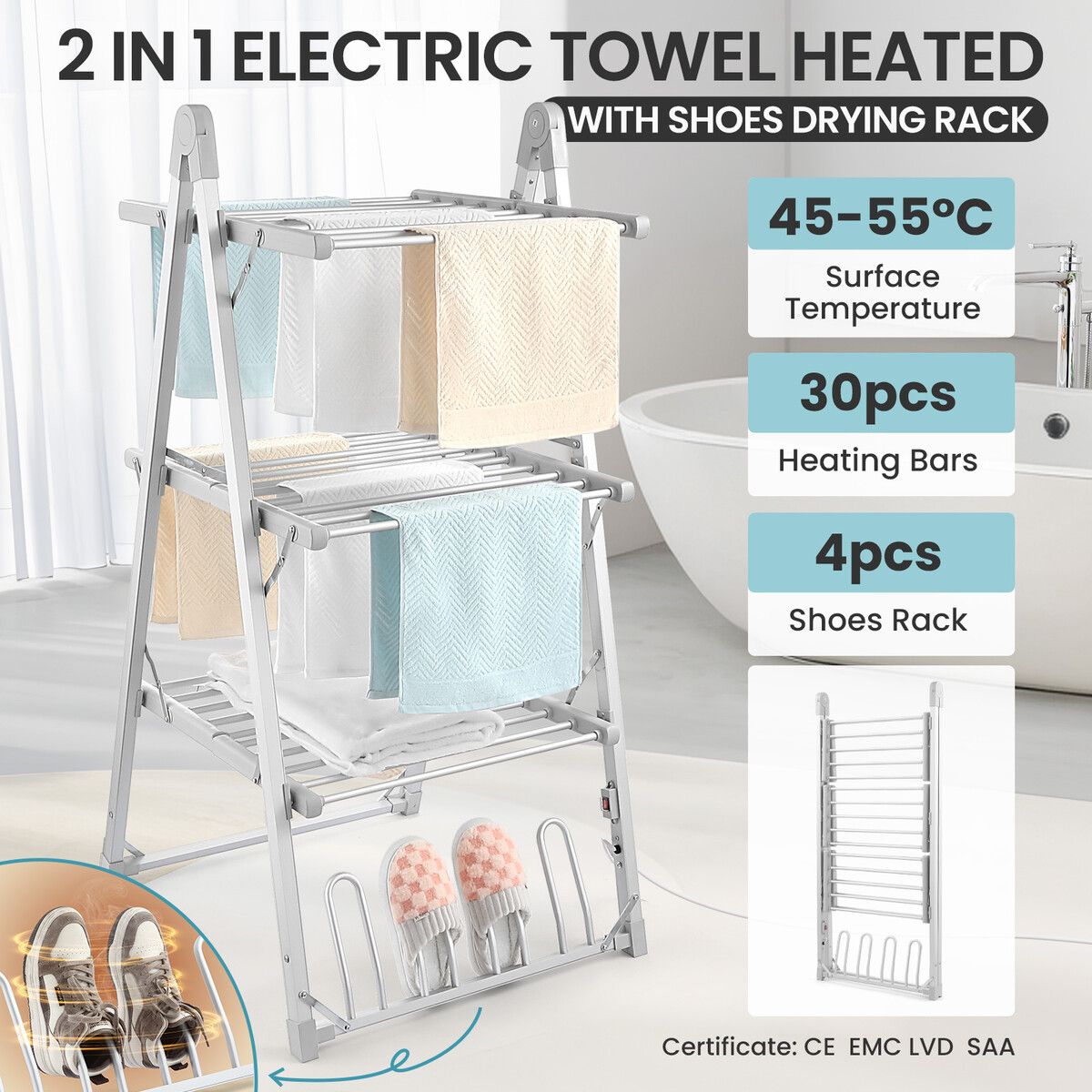 2 In 1 Electric Airer Heated Dryer Laundry Drying Rack Clothes Shoes Heater Towel Rail Stand Foldable 330W