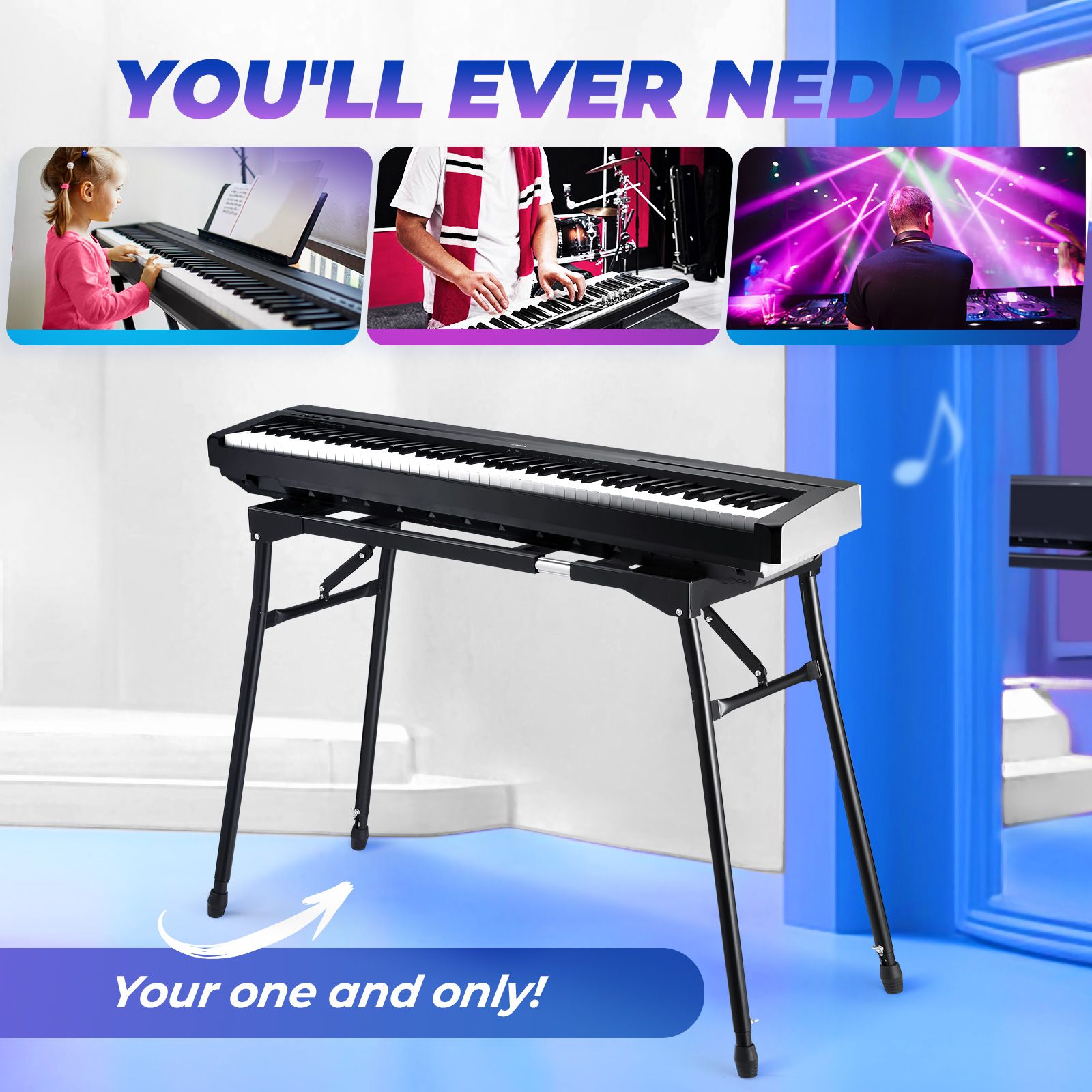 Keyboard Stand Piano Music Collapsible Adjustable Portable Heavy Duty 54 to 88 Key Musical Table Black