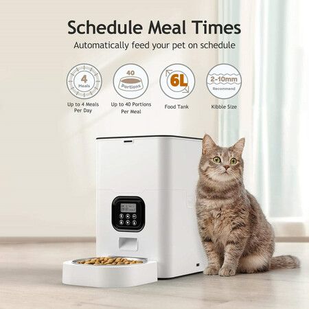 Automatic Pet Feeder Intelligent Schedule Meal Times Pet Feeder with Stainless Steel Bowl Pet Cats Dogs Dry Food Dispenser (White-6L)