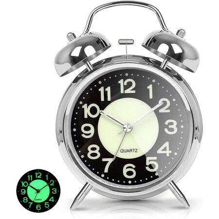 Loud Alarm Clock for Heavy Sleepers Double Bell Retro 4 Inch Silent Non Ticking Quartz with Backlight Luminous Dial Clocks