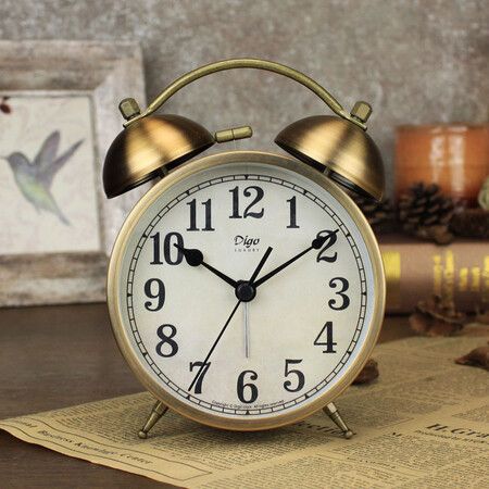 Metal Double Bell Alarm Clock 4 Inch Vintage Gold Small Analog Silent Table Clock Battery Operated for Heavy Sleepers Bedroom