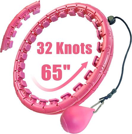 (Pink)32 Detachable Knots-2 in 1 Abdomen Fitness Massage Non Fall Smart Hooola Hoop with Auto Spinning Ball,Weighted Exercise Hoop Plus Size