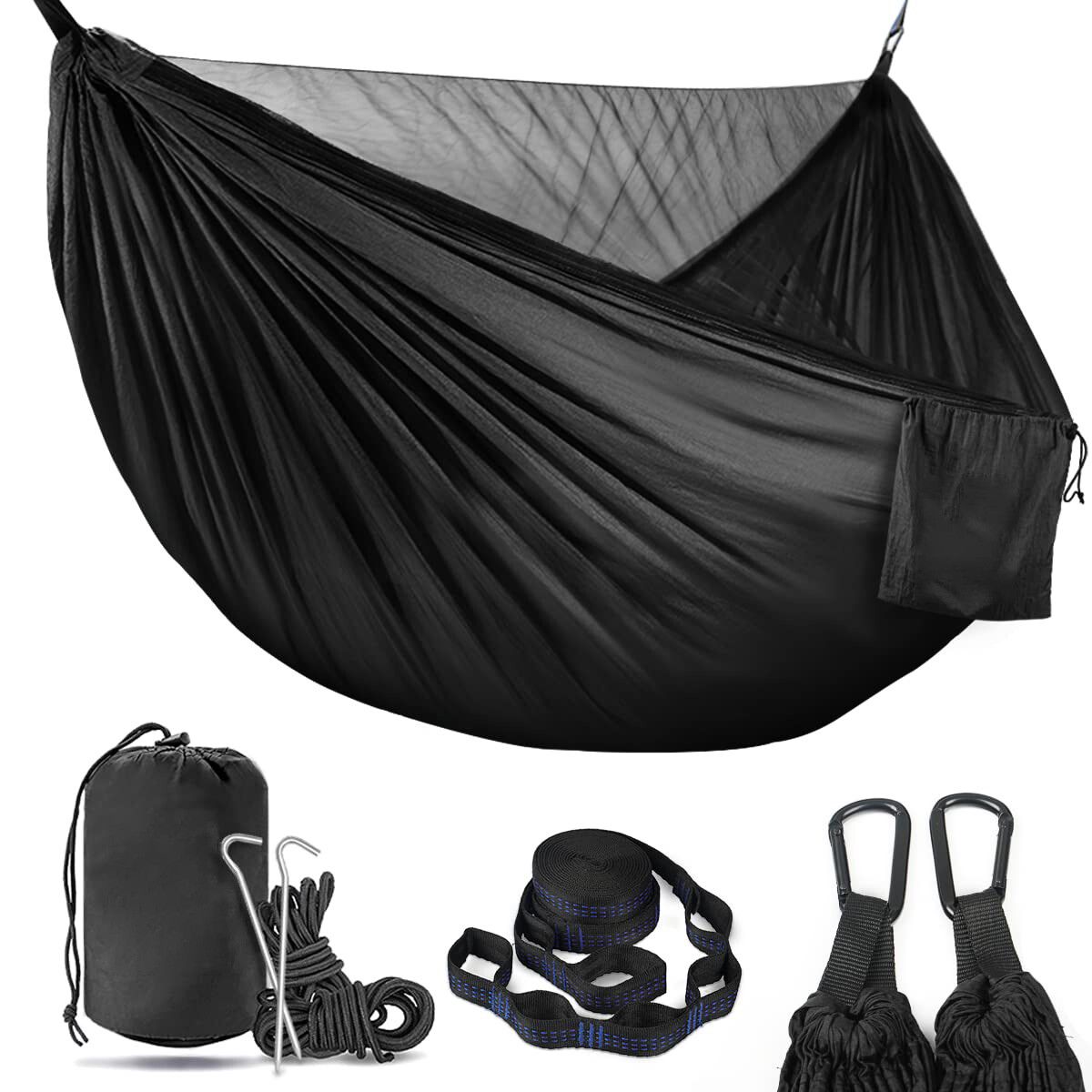 Camping Hammock,Lightweight Double Hammock,Hold Up to 772lbs,Portable Hammocks for Indoor,Outdoor,Hiking,Camping,Backpacking,Travel,Backyard,Beach Black