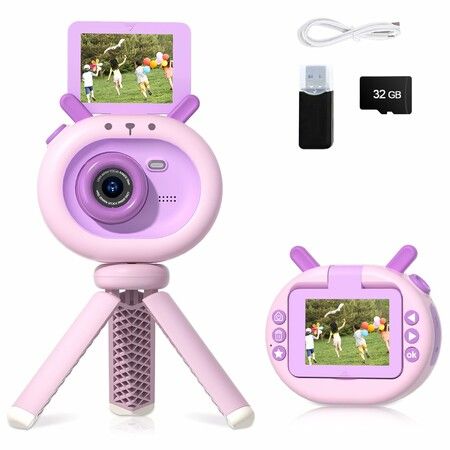 Selfie Camera Toys 180°Flip Screen for 1080P Children's Digital Video Camcorder with 32GB Card and Tripod (Pink)