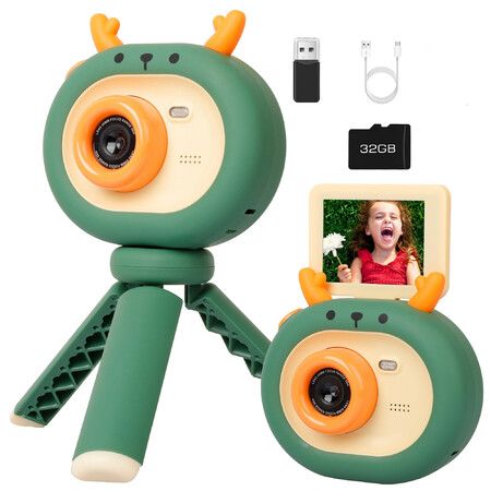 Selfie Camera Toys 180°Flip Screen for 1080P Children's Digital Video Camcorder with 32GB Card and Tripod (Green)