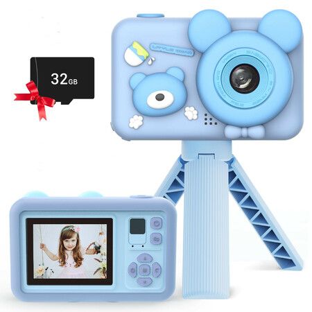 1080P Selfie Camera HD Digital Video Camera for Toddlers, Kids Toy Camera with Tripod and 32GB Card(Blue)