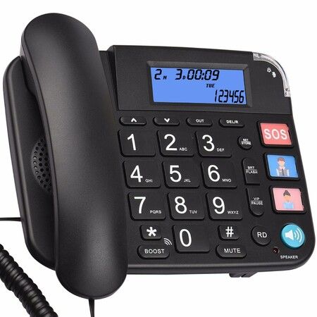 (Black)Senior Telephone Landline Phone with Hearing Aid Function, Big Button for Elderly with Backlight Display/Mute/Pause/Redial,for Alzheimer