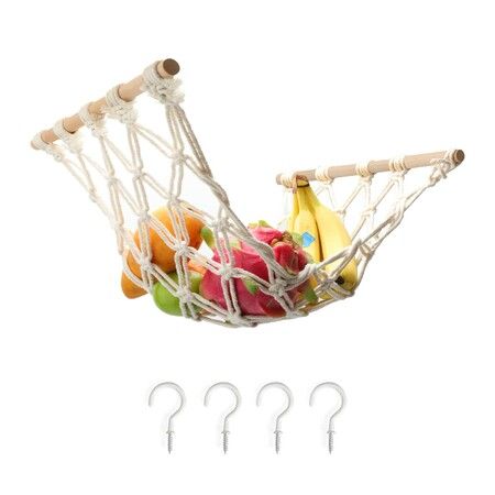 Hanging Fruit Hammock with Hooks, Hanging Fruit Basket Under the Kitchen Cabinet for Storing Banana Fruits Kitchen Decor, Rectangle