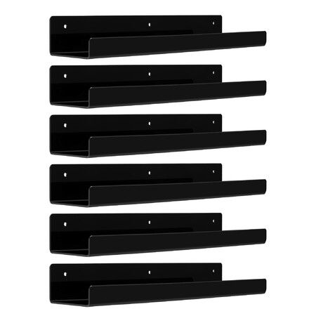 Black Acrylic Shelves for Storage,15" Floating Shelves Wall Mounted for Kids Bookshelf/Display Ledge Shelves for Bedroom,Living Room,Bathroom,Kitchen,Set of 6