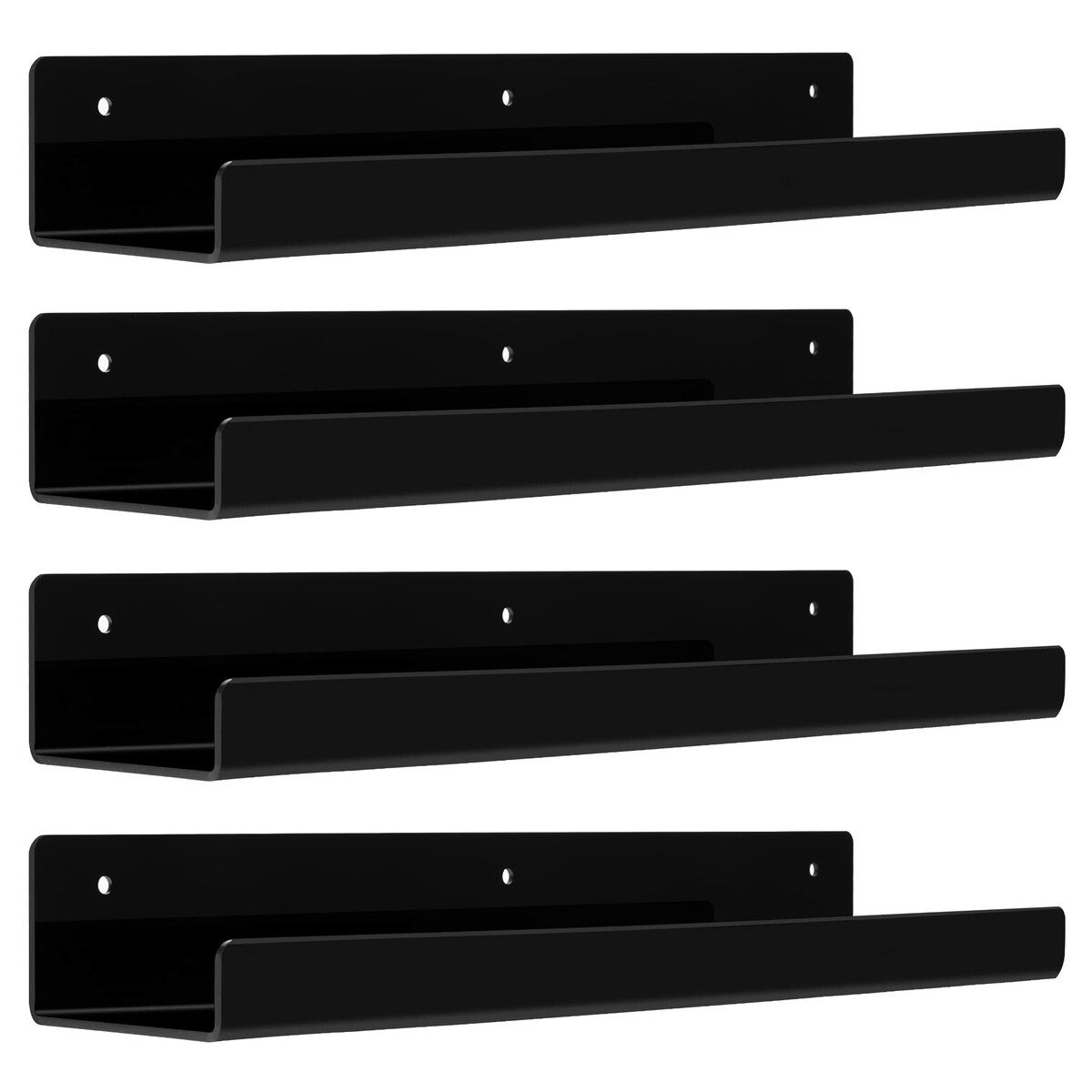 Black Acrylic Shelves for Storage,15" Floating Shelves Wall Mounted for Kids Bookshelf/Display Ledge Shelves for Bedroom,Living Room,Bathroom,Kitchen,Set of 4