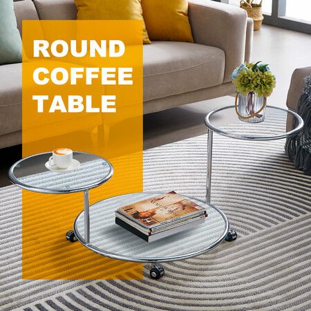 Round Coffee Table 3 Tier Bedside Lamp Sofa Side Swivel Tempered Glass Tabletop End Tea Cafe Modern Living Room with Wheels