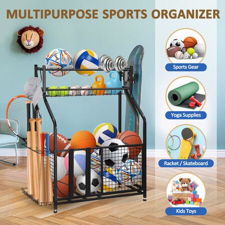 Ball Storage Rack Garage Sports Equipment Toy Organiser Utility Basketball Holder Display Stand Hooks for Home Gym Gear