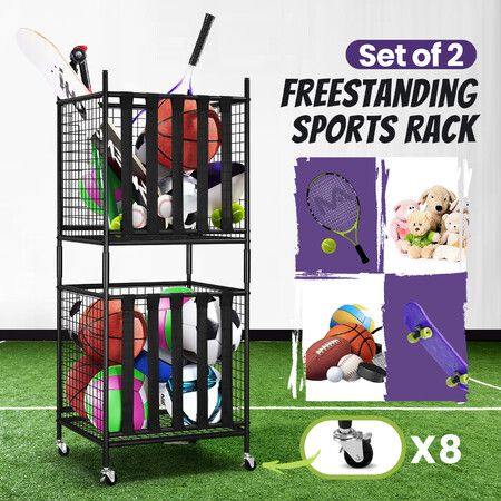 2 Pcs Sports Balls Storage Cart Rack with Elastic Straps Stackable Cage Garage Organiser for Basketball Football Kids Toy Home Gym