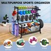 Sports Equipment Ball Storage Rack Cart Garage Organiser for Yoga Mat Dumbbell Kettlebell Home Gym Holder with Hooks Wheels