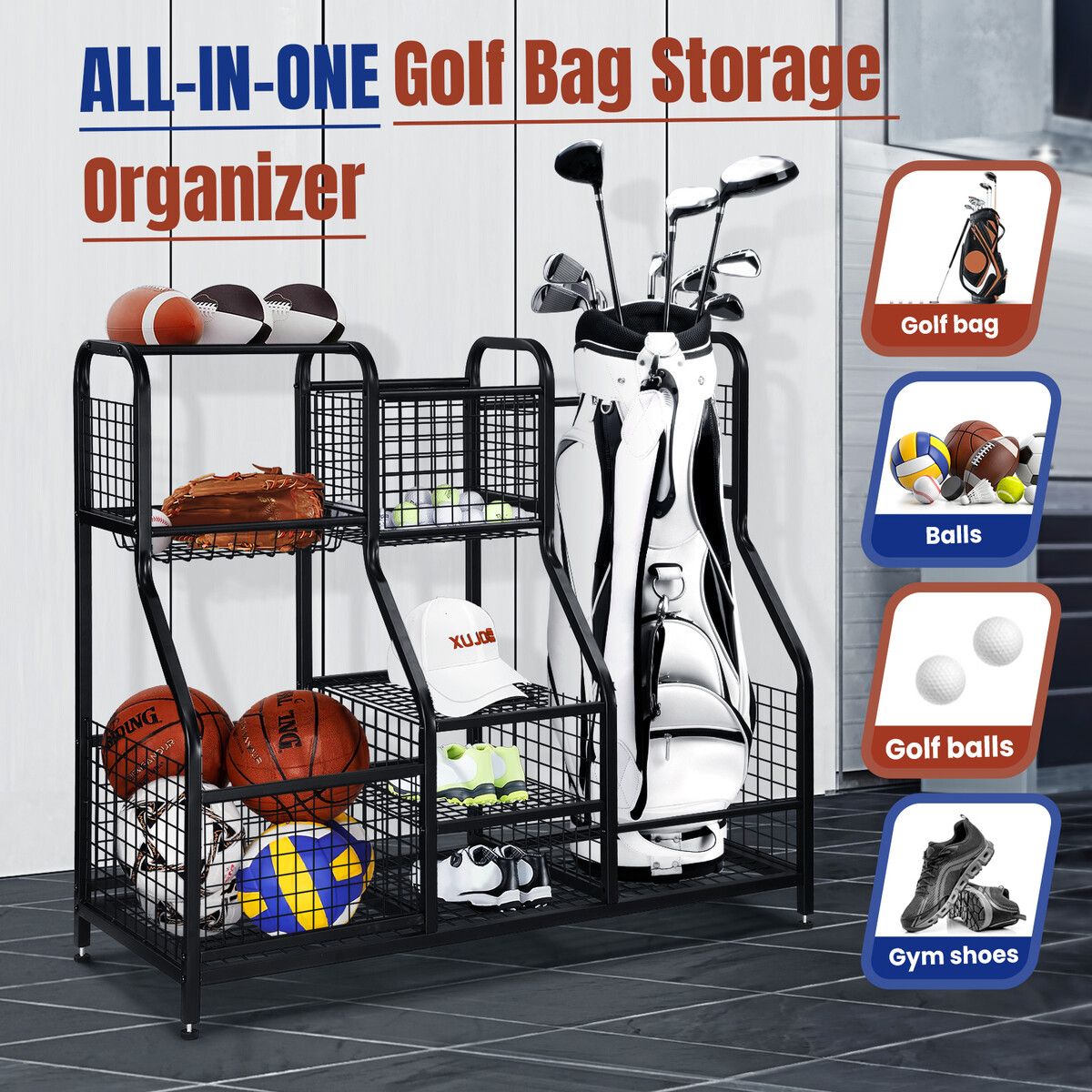 Large Golf Bag Ball Storage Rack Sports Gear Equipment Organiser for Basketball Football Home Gym Garage Shelves Holder Stand