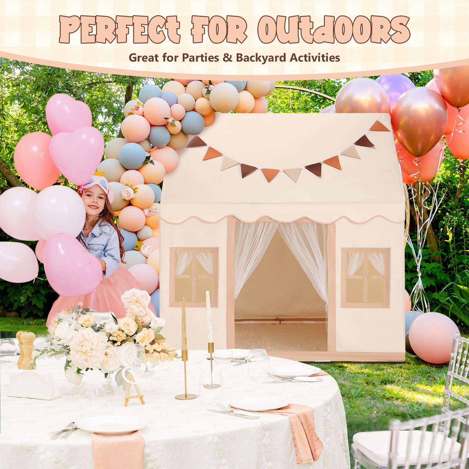 Kids Play Tent Playhouse Childrens Princess Castle Indoor Outdoor with Mat Star Lights Banner 1 Door 3 Windows Toys Boys Girls House Cottage